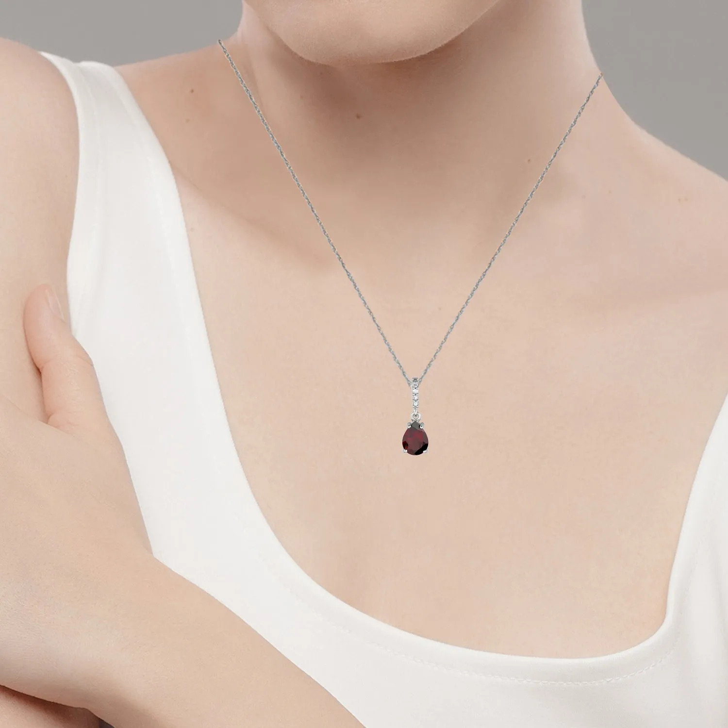 10k White Gold Genuine Pear-Shape Garnet and Diamond Drop Pendant Necklace