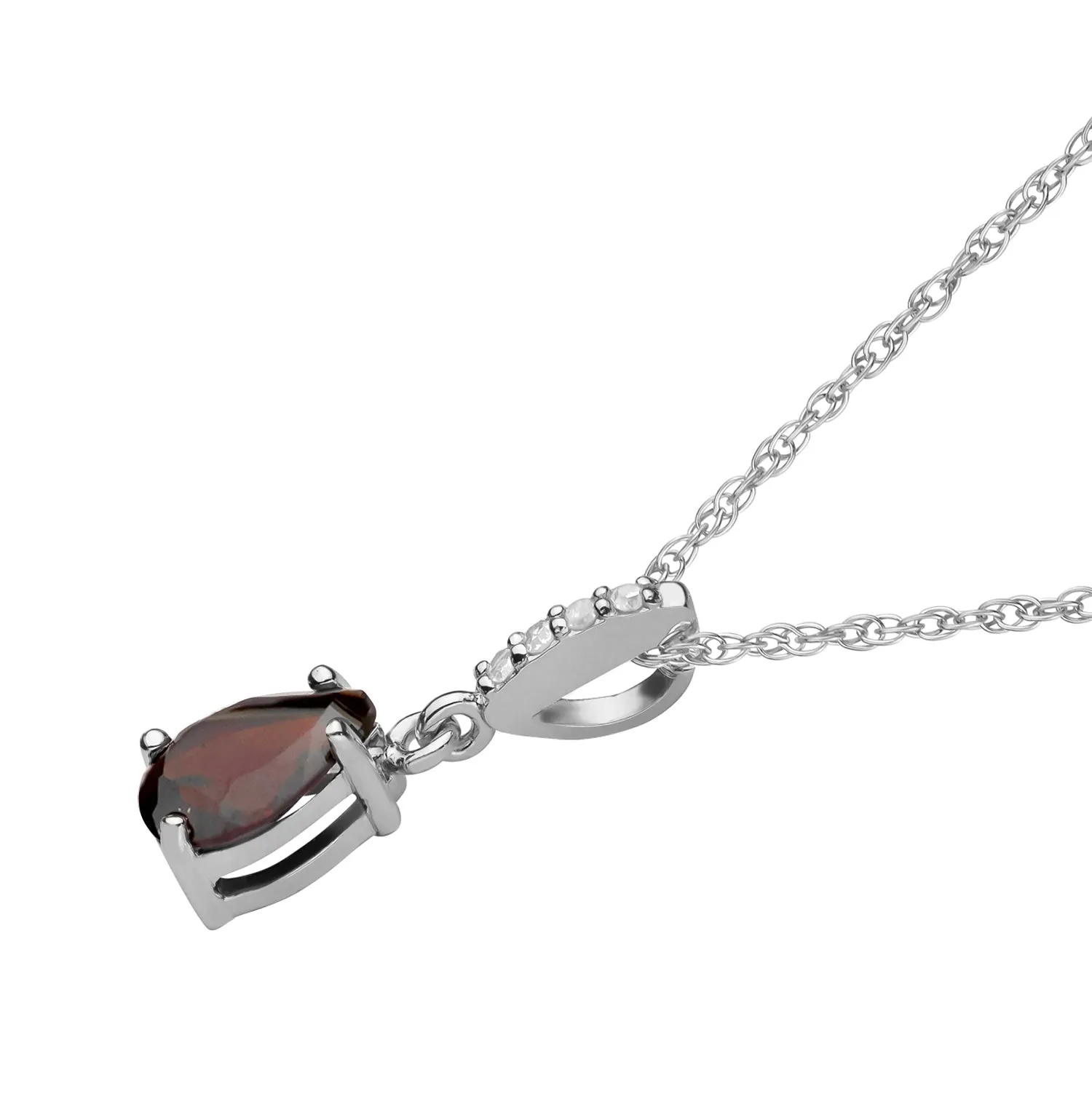 10k White Gold Genuine Pear-Shape Garnet and Diamond Drop Pendant Necklace