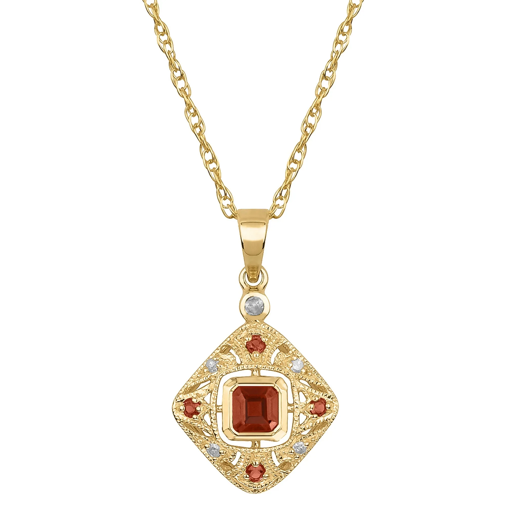 10k Yellow Gold Vintage Style Garnet and Diamond Pendant Necklace