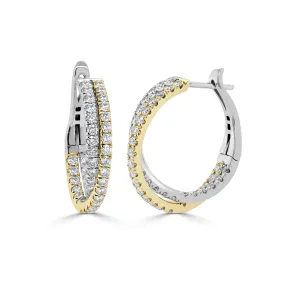 14K Gold Round Diamond Two Tone Hoop Earrings - 2.02ct