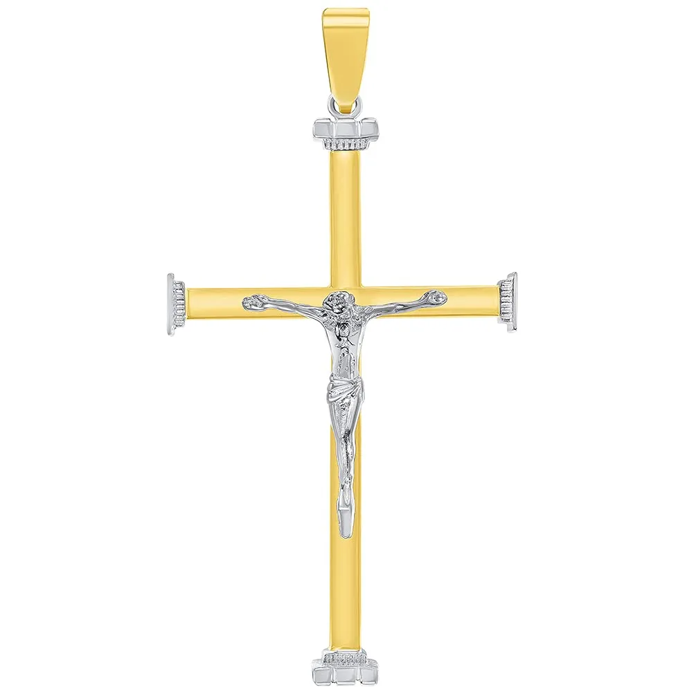 14k Solid Two-Tone Gold 3D Catholic Christian Crucifix Cross Pendant with Cuban Chain Curb Necklace