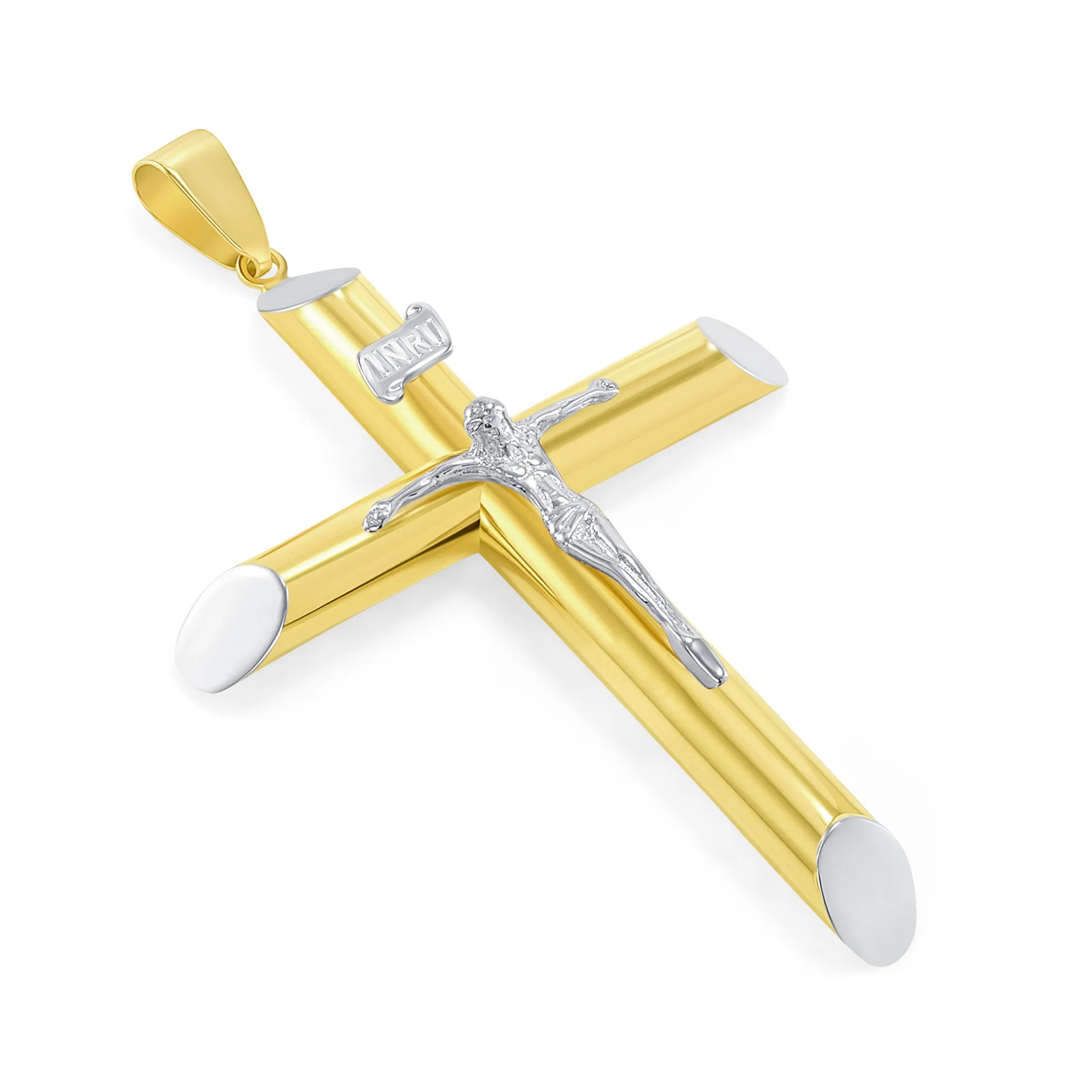 14k Two-Tone Gold 5mm Thick INRI Tubular Crucifix Cross Pendant with Curb Chain Necklace