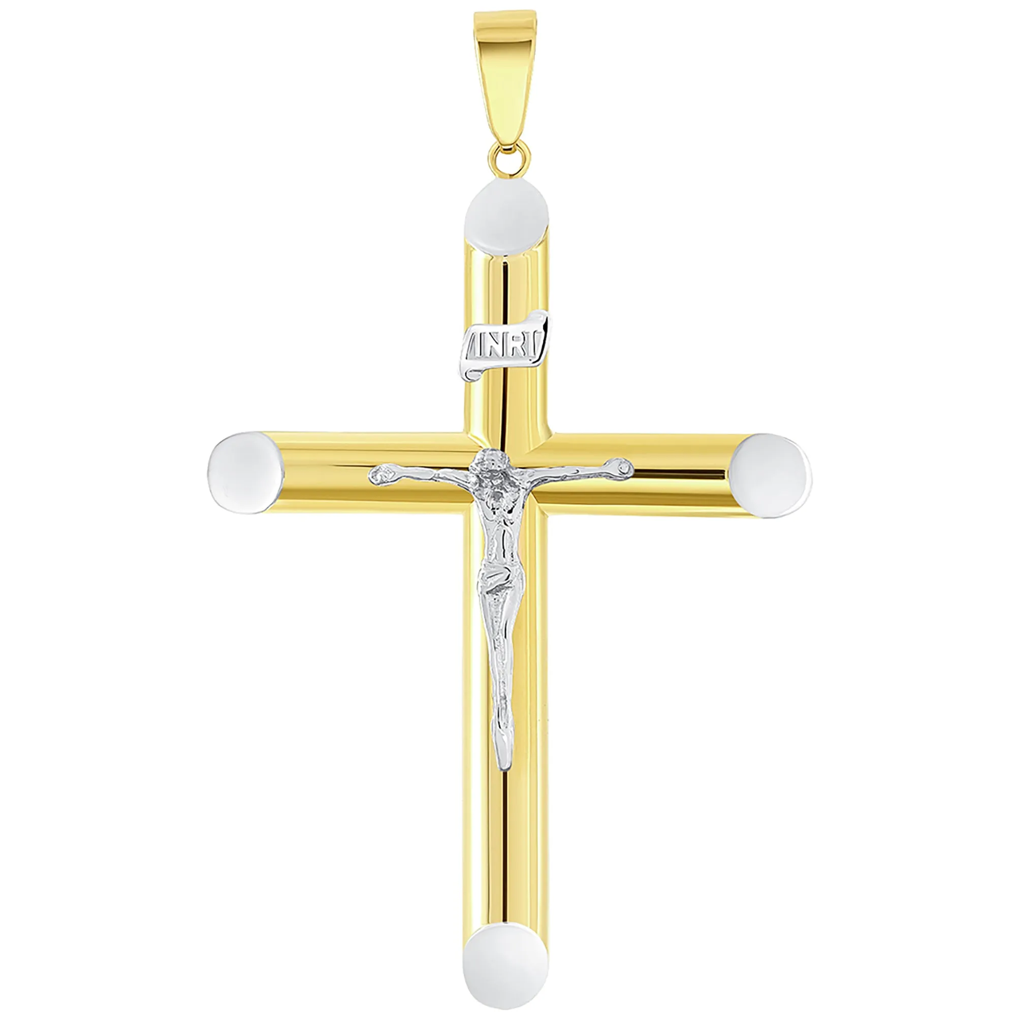 14k Two-Tone Gold 5mm Thick INRI Tubular Crucifix Cross Pendant with Curb Chain Necklace