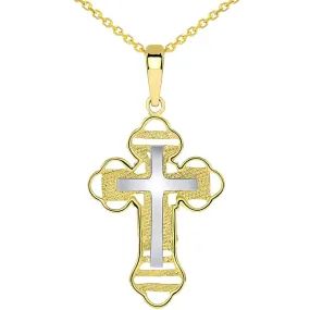 14k Two Tone Gold Outlined Orthodox Double Cross Pendant Necklace