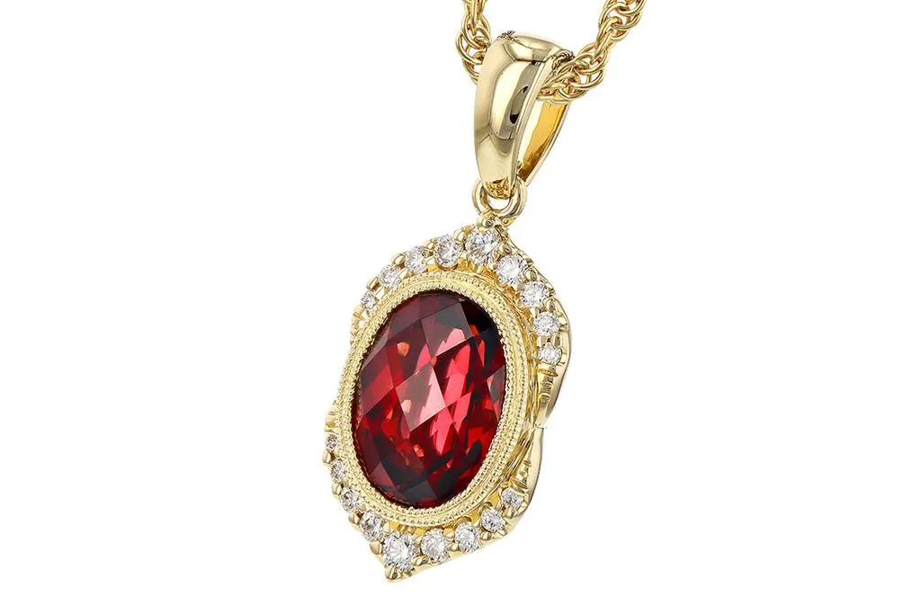14K Yellow Gold 2.24ctw Garnet & Diamond Halo Necklace by Allison Kaufman
