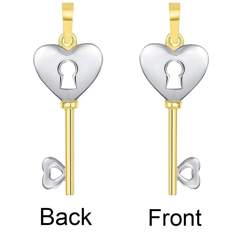 14k Yellow Gold 3D Two Tone Heart Shaped Love Key Pendant