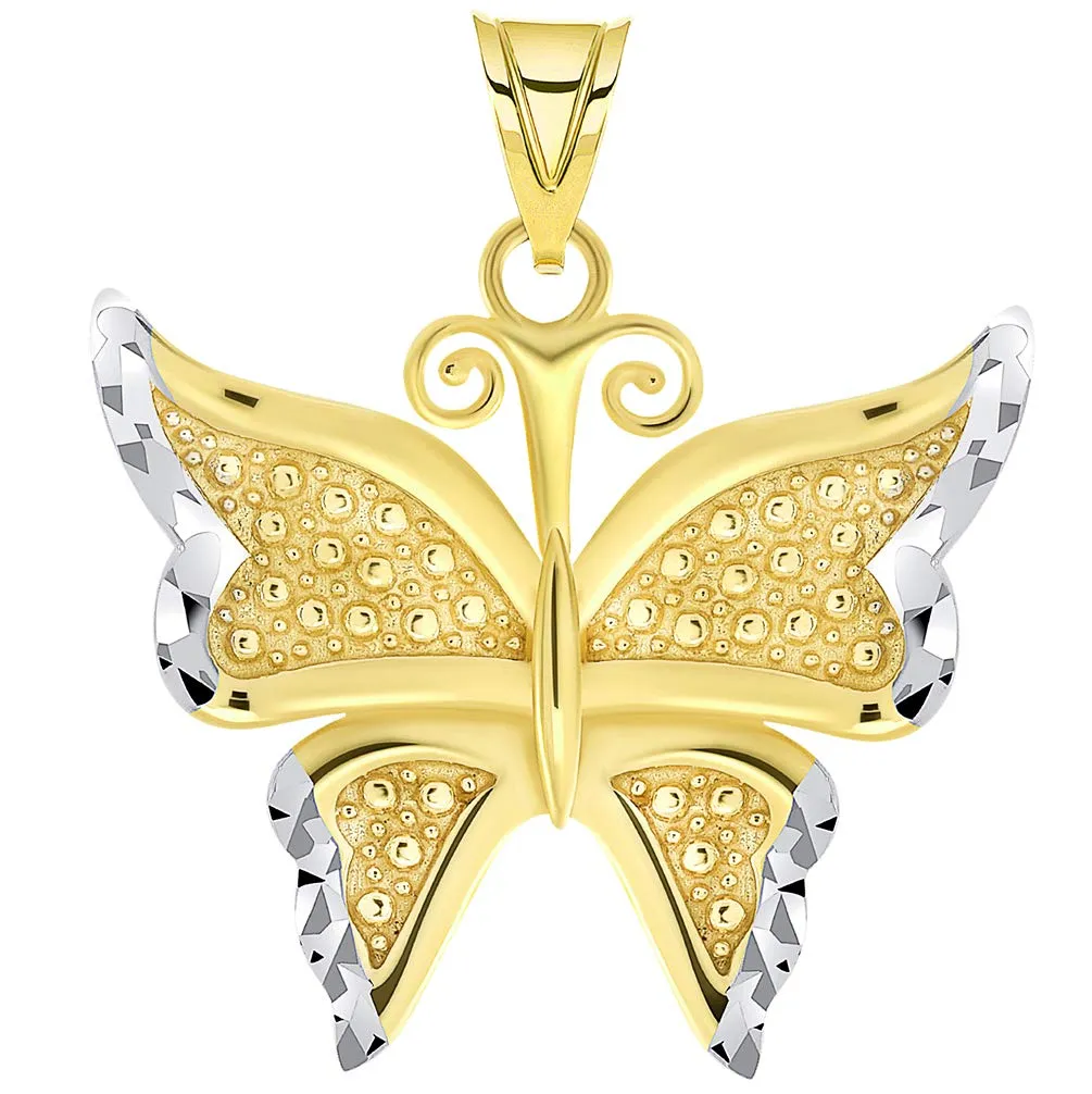 14k Yellow Gold Polished and Textured Two-Tone Butterfly Pendant Figaro Chain Necklace