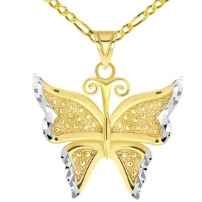 14k Yellow Gold Polished and Textured Two-Tone Butterfly Pendant Figaro Chain Necklace