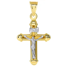 14k Yellow Gold Tubuar Indent INRI Crucifix Two Tone Religious Cross Pendant
