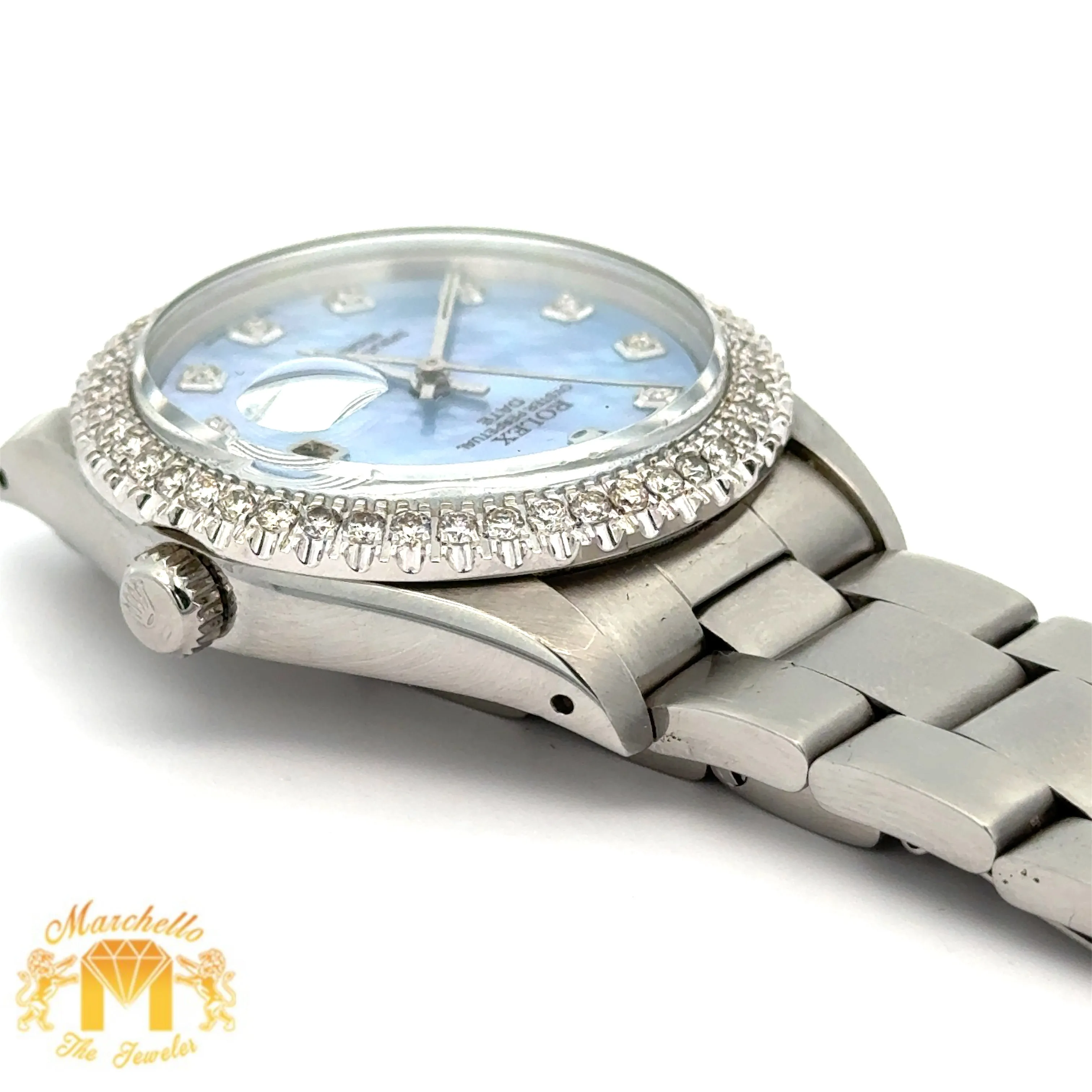 34mm Rolex Diamond Watch with Stainless Steel Oyster Bracelet (Mother of pearl diamond dial)