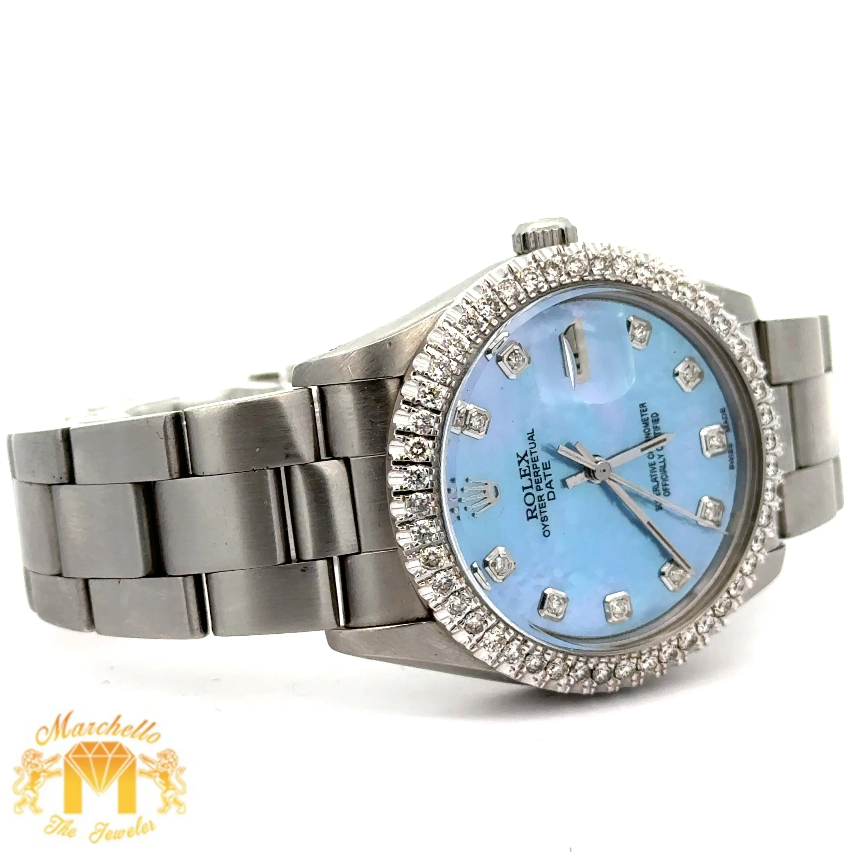 34mm Rolex Diamond Watch with Stainless Steel Oyster Bracelet (Mother of pearl diamond dial)