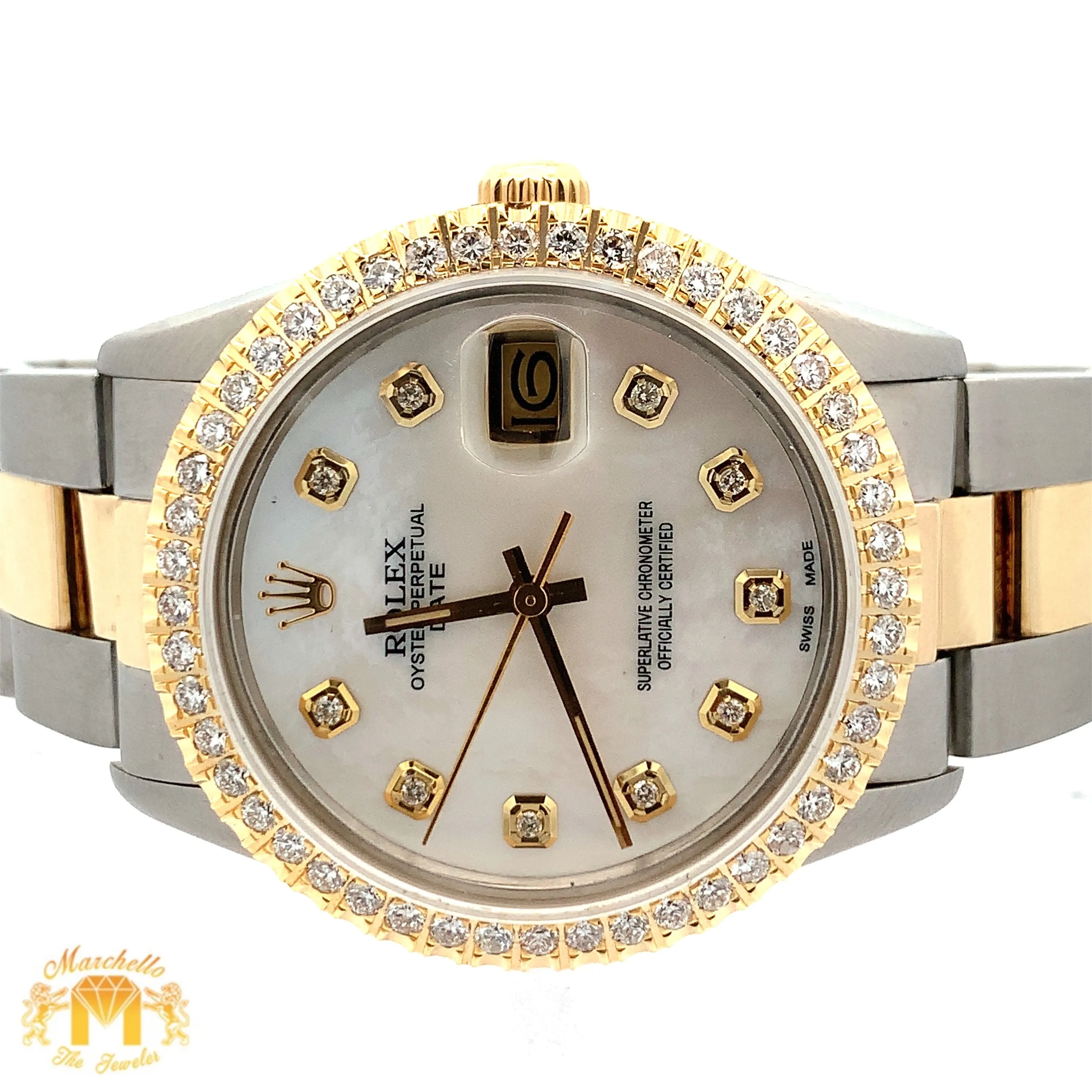 34mm Rolex Watch with Two-Tone Oyster Bracelet (Mother of pearl (MOP) dial with diamonds)