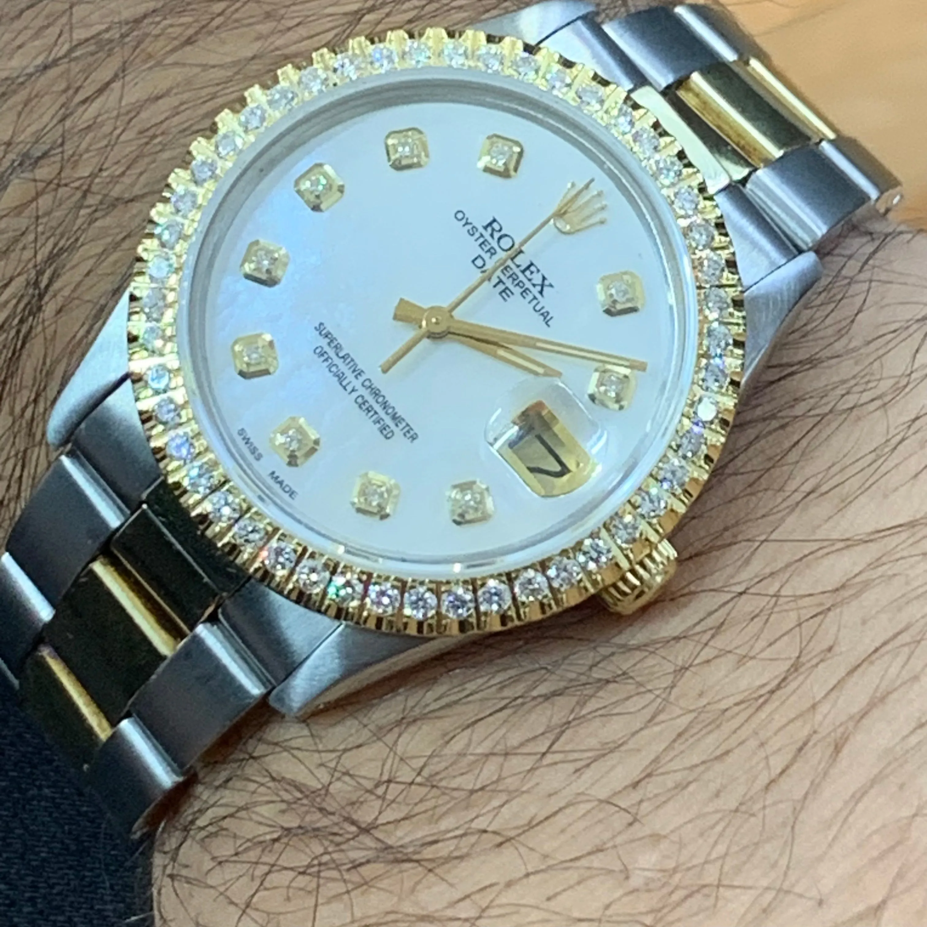34mm Rolex Watch with Two-Tone Oyster Bracelet (Mother of pearl (MOP) dial with diamonds)