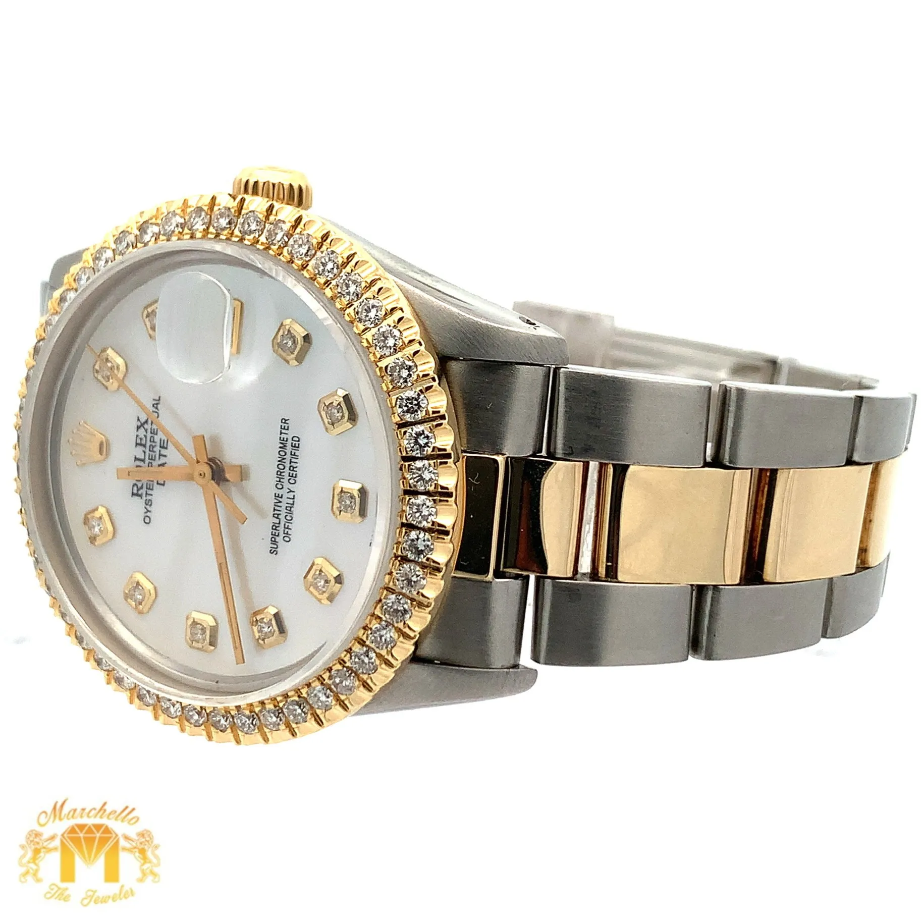34mm Rolex Watch with Two-Tone Oyster Bracelet (Mother of pearl (MOP) dial with diamonds)