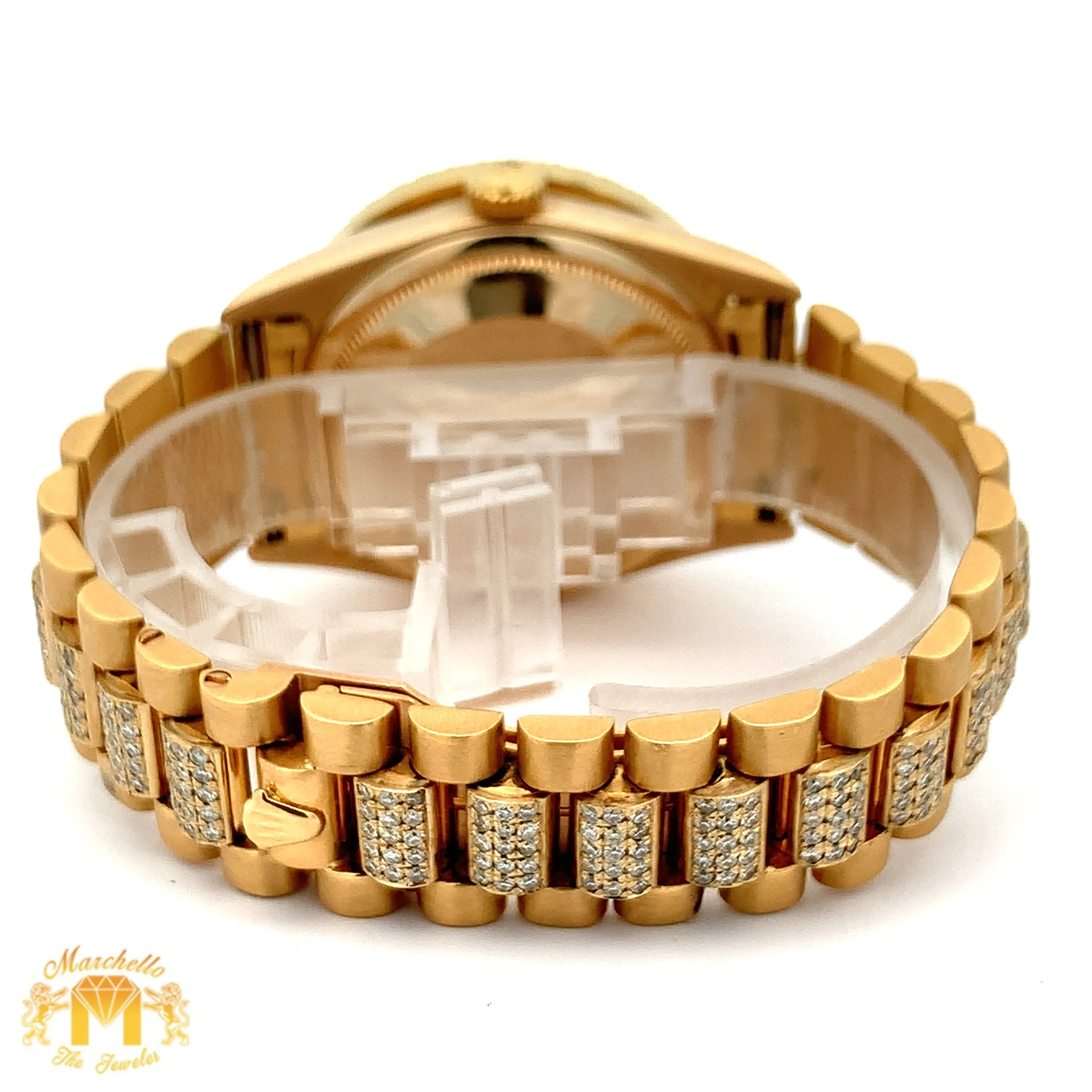 36mm 18k Yellow Gold Rolex Day-Date Diamond Watch (black dial, quick-set)