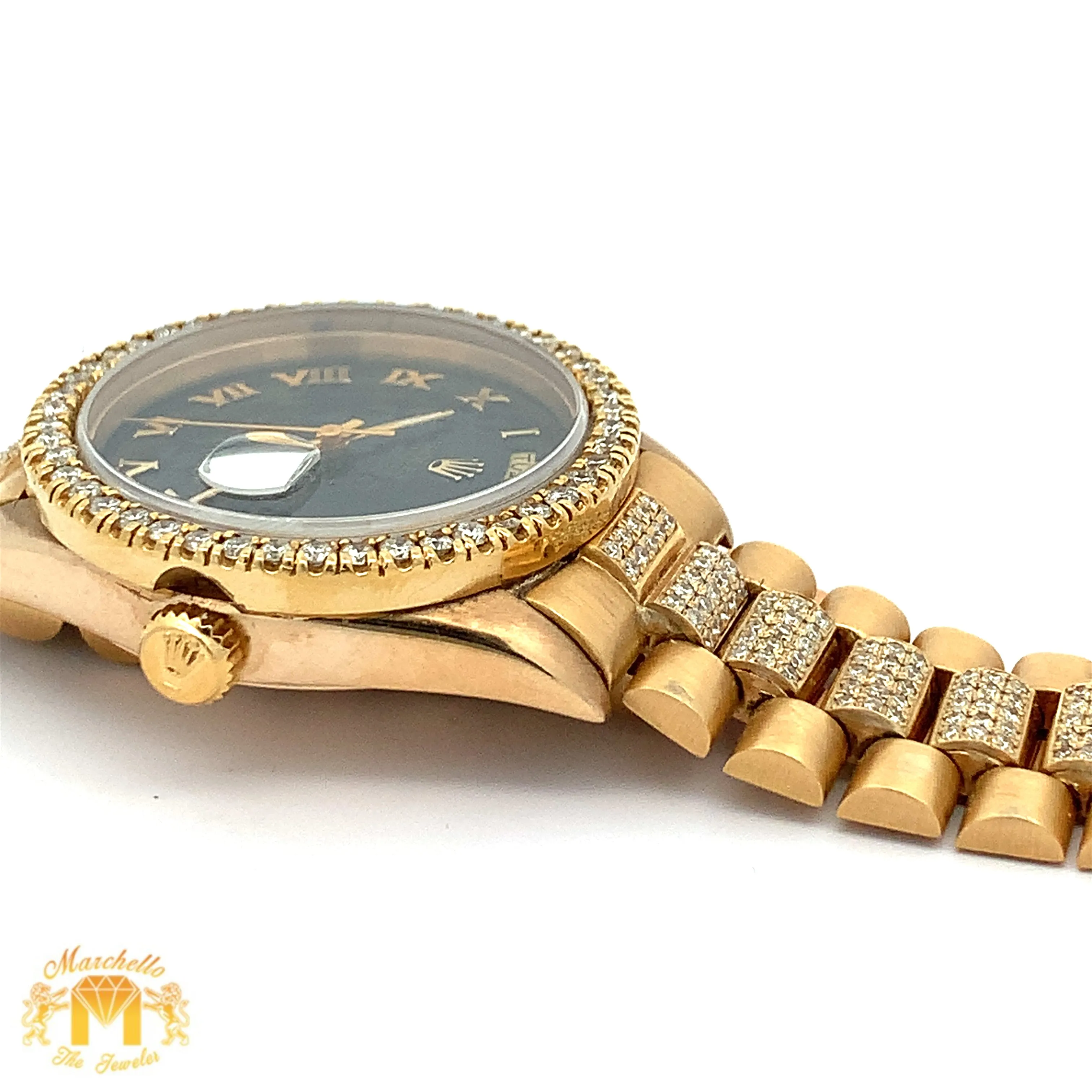 36mm 18k Yellow Gold Rolex Day-Date Diamond Watch (black dial, quick-set)