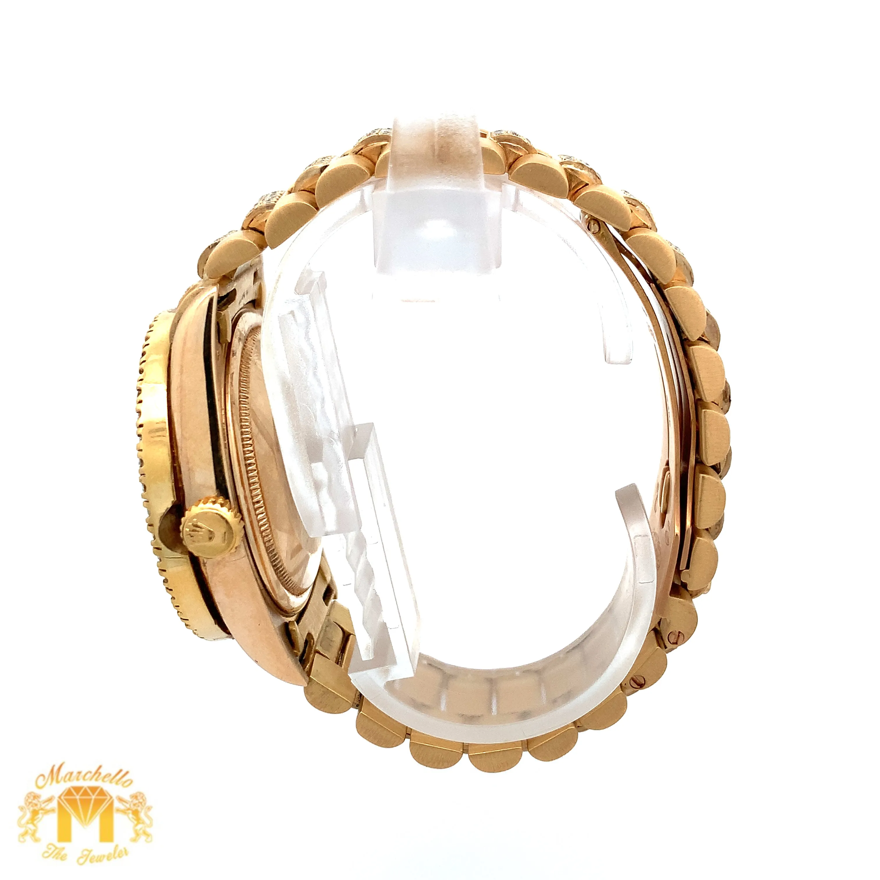 36mm 18k Yellow Gold Rolex Day-Date Diamond Watch (black dial, quick-set)
