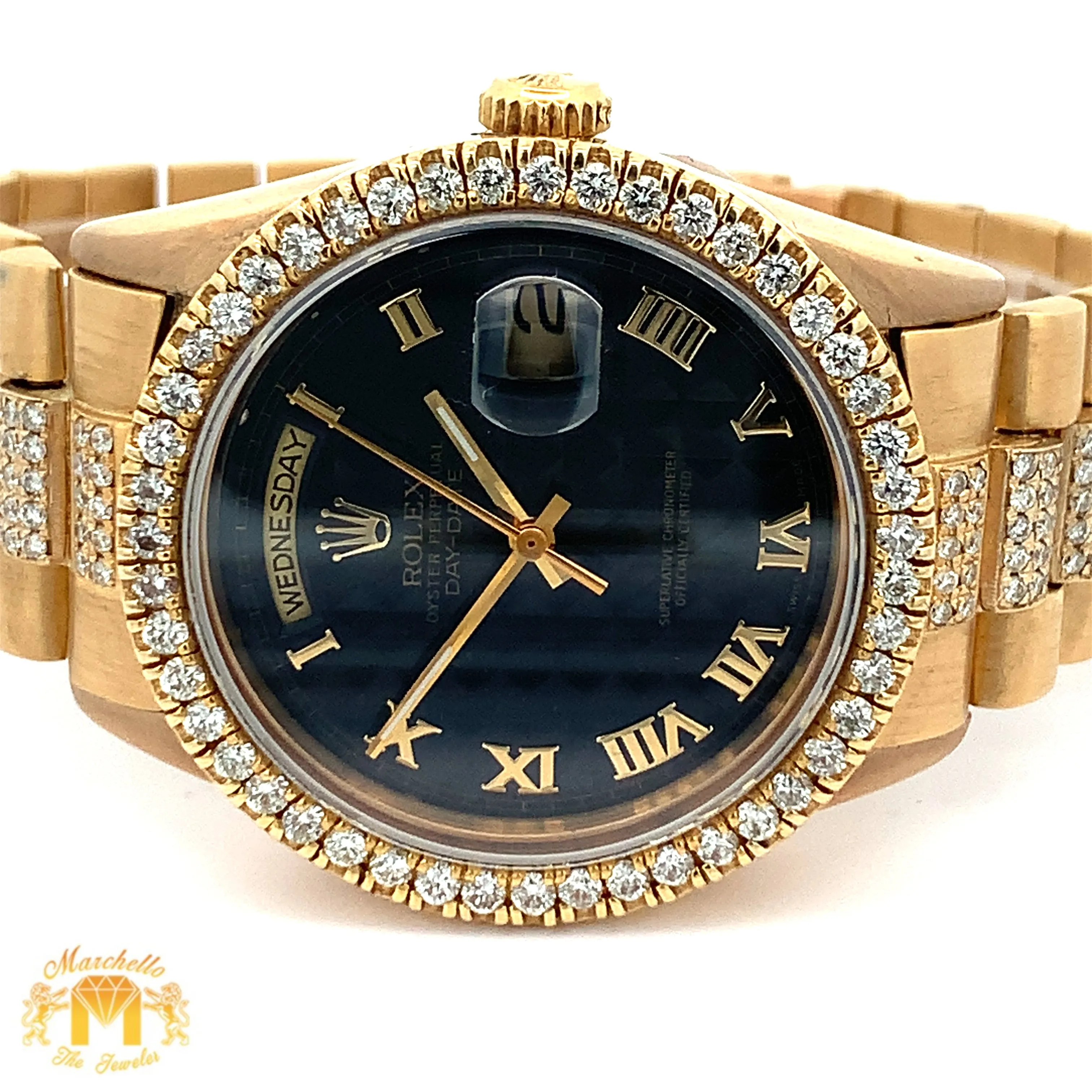 36mm 18k Yellow Gold Rolex Day-Date Diamond Watch (black dial, quick-set)