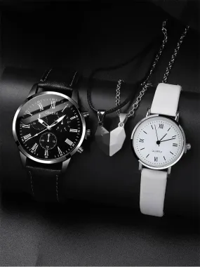 4pcs Personalized Men and Women Couple Belt Quartz Watch Paired Love Pendant Necklace