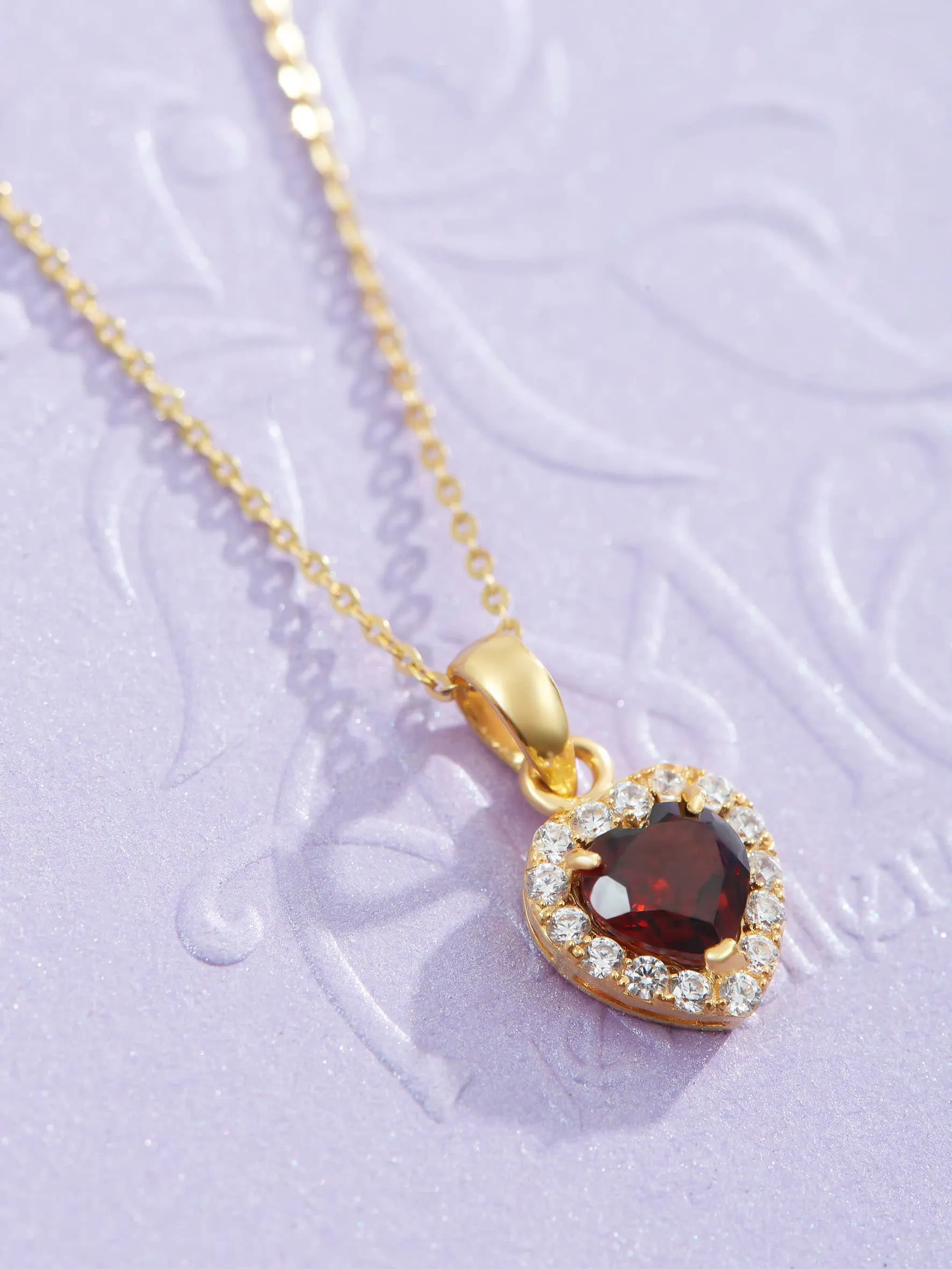 6mm Heart-cut Red Garnet Halo Pendant in 14K Yellow Gold