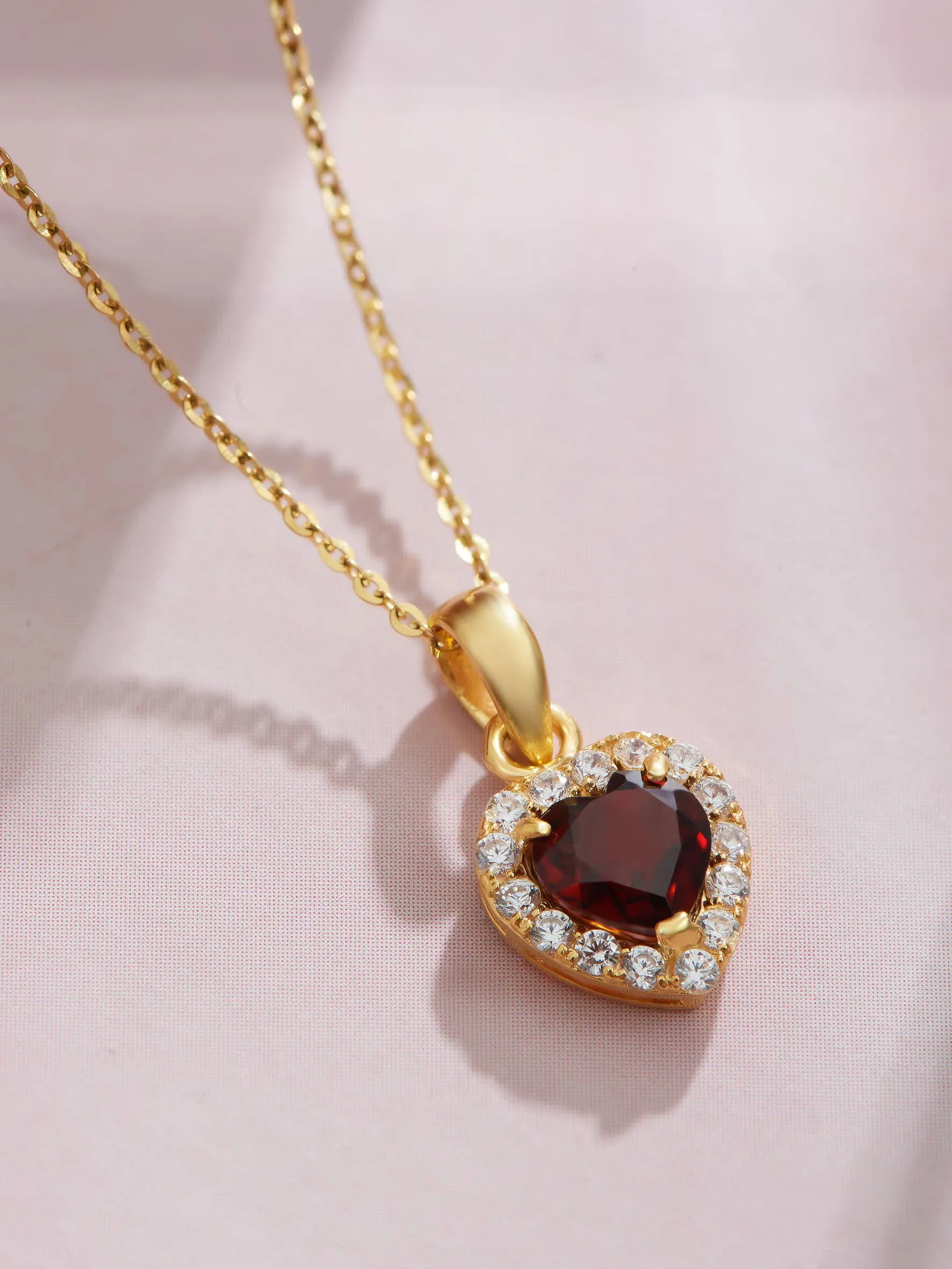 6mm Heart-cut Red Garnet Halo Pendant in 14K Yellow Gold