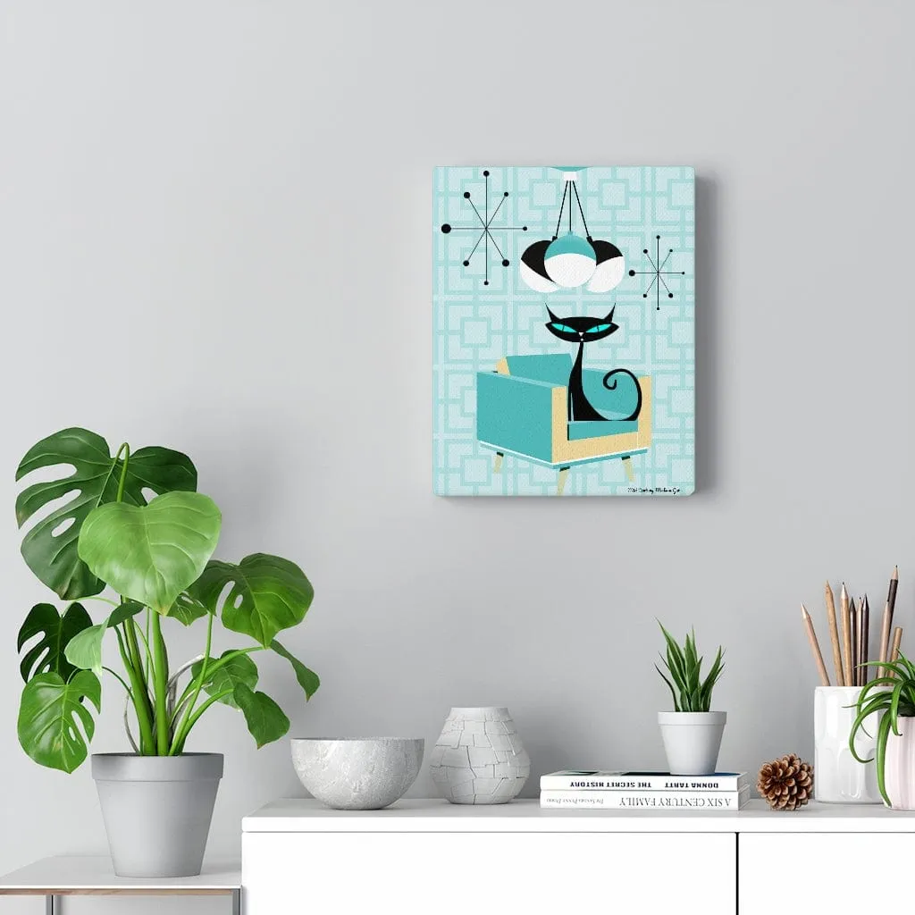 Atomic Cat Mid Century Breeze Block Retro Turquoise Blue, Black, Mid Mod Canvas Gallery Wraps