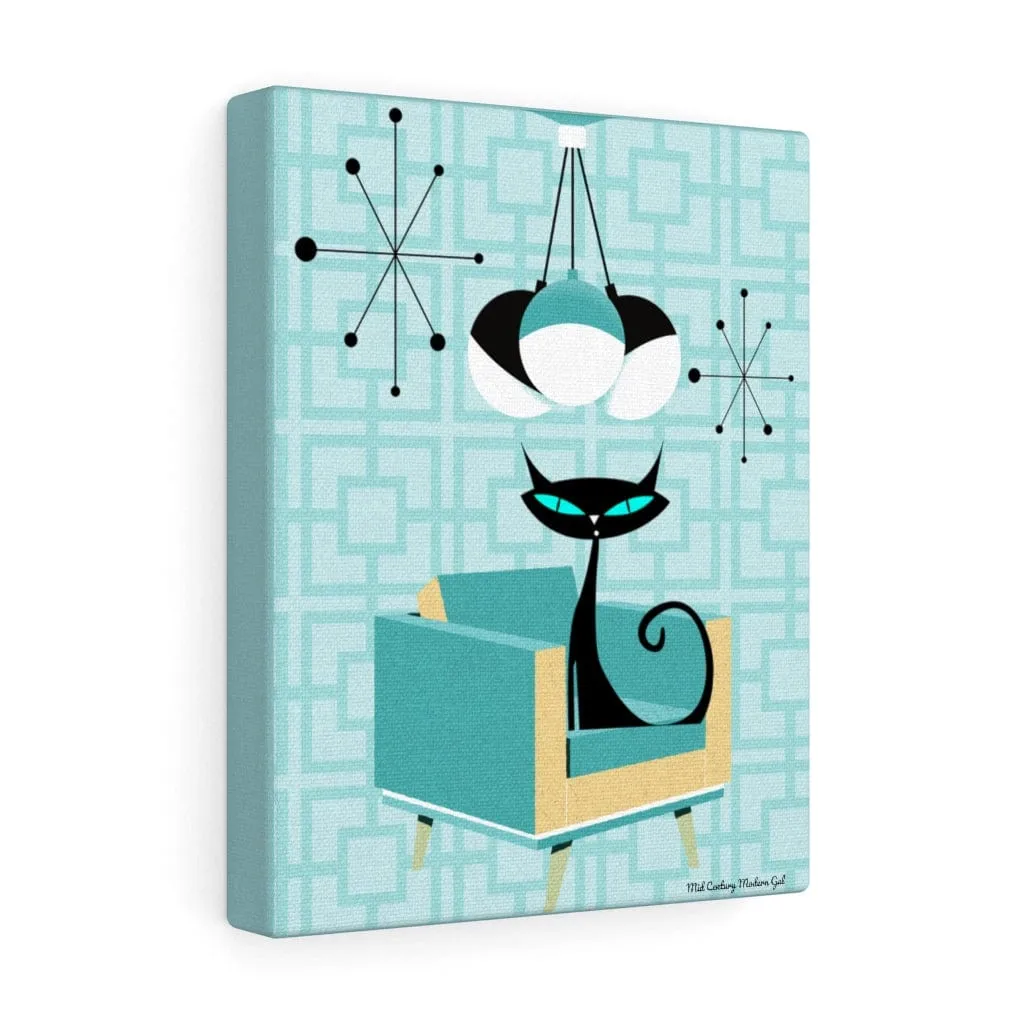 Atomic Cat Mid Century Breeze Block Retro Turquoise Blue, Black, Mid Mod Canvas Gallery Wraps