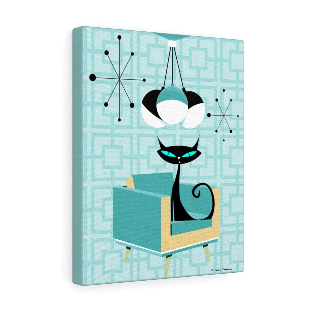 Atomic Cat Mid Century Breeze Block Retro Turquoise Blue, Black, Mid Mod Canvas Gallery Wraps