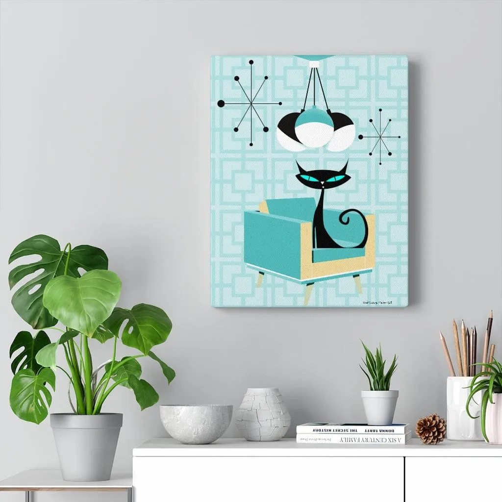 Atomic Cat Mid Century Breeze Block Retro Turquoise Blue, Black, Mid Mod Canvas Gallery Wraps