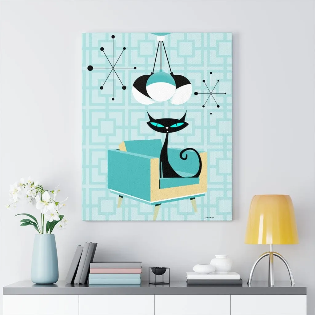 Atomic Cat Mid Century Breeze Block Retro Turquoise Blue, Black, Mid Mod Canvas Gallery Wraps