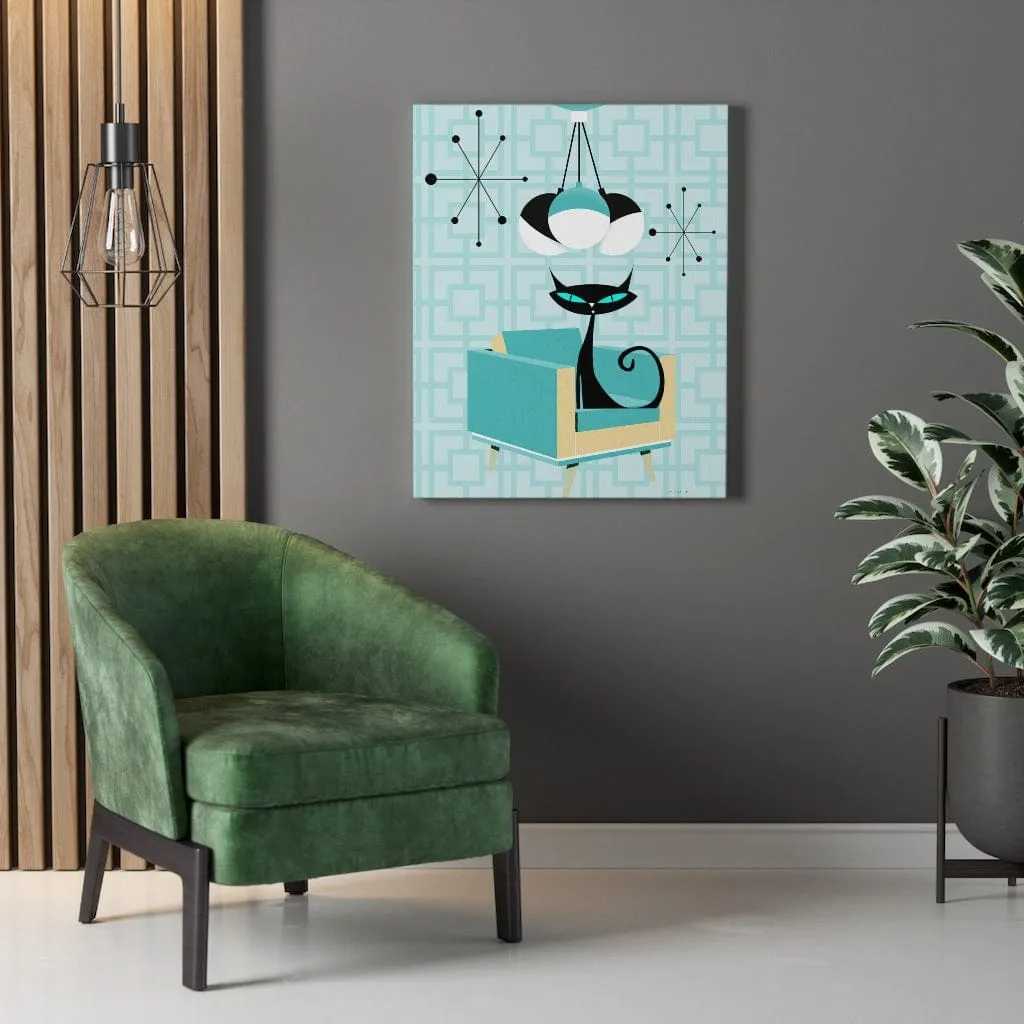 Atomic Cat Mid Century Breeze Block Retro Turquoise Blue, Black, Mid Mod Canvas Gallery Wraps