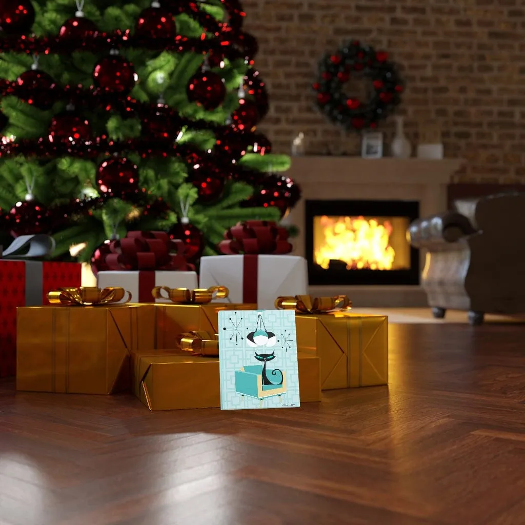 Atomic Cat Mid Century Breeze Block Retro Turquoise Blue, Black, Mid Mod Canvas Gallery Wraps