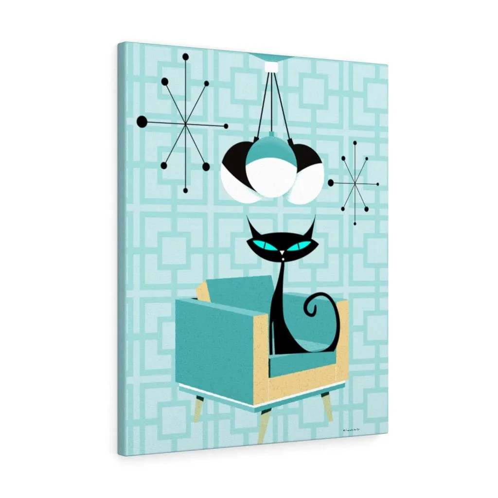 Atomic Cat Mid Century Breeze Block Retro Turquoise Blue, Black, Mid Mod Canvas Gallery Wraps