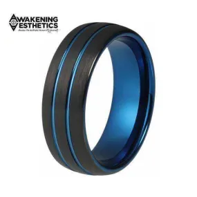 Black & Blue Brushed Tungsten Ring