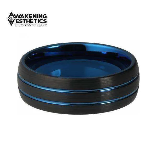 Black & Blue Brushed Tungsten Ring