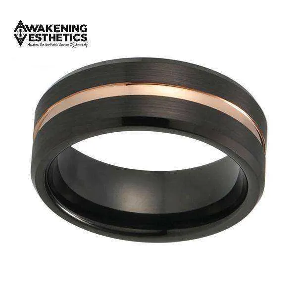 Black Matte Grooved Beveled Edge Tungsten Ring
