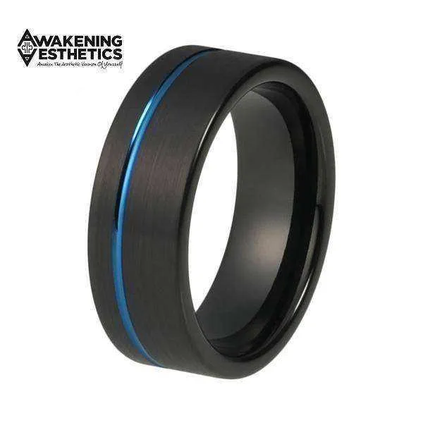 Blue & Black Matte Finish Offset Line Pipe Cut Tungsten Ring