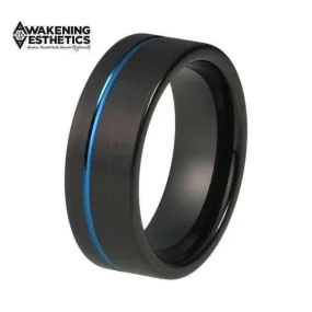 Blue & Black Matte Finish Offset Line Pipe Cut Tungsten Ring