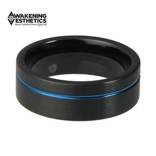 Blue & Black Matte Finish Offset Line Pipe Cut Tungsten Ring
