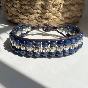 Blue Lapis Silver Beaded Black Leather Bracelet - Connect