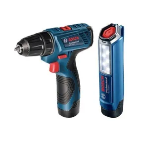 Bosch Cordless Driver Drill, 3/8”, 10mm, 12V, 1.5Ah, 30N.m, VSR-2, T. Setting, Li-ion, Ex. Battery   Cordless Torch 12V (Bare)