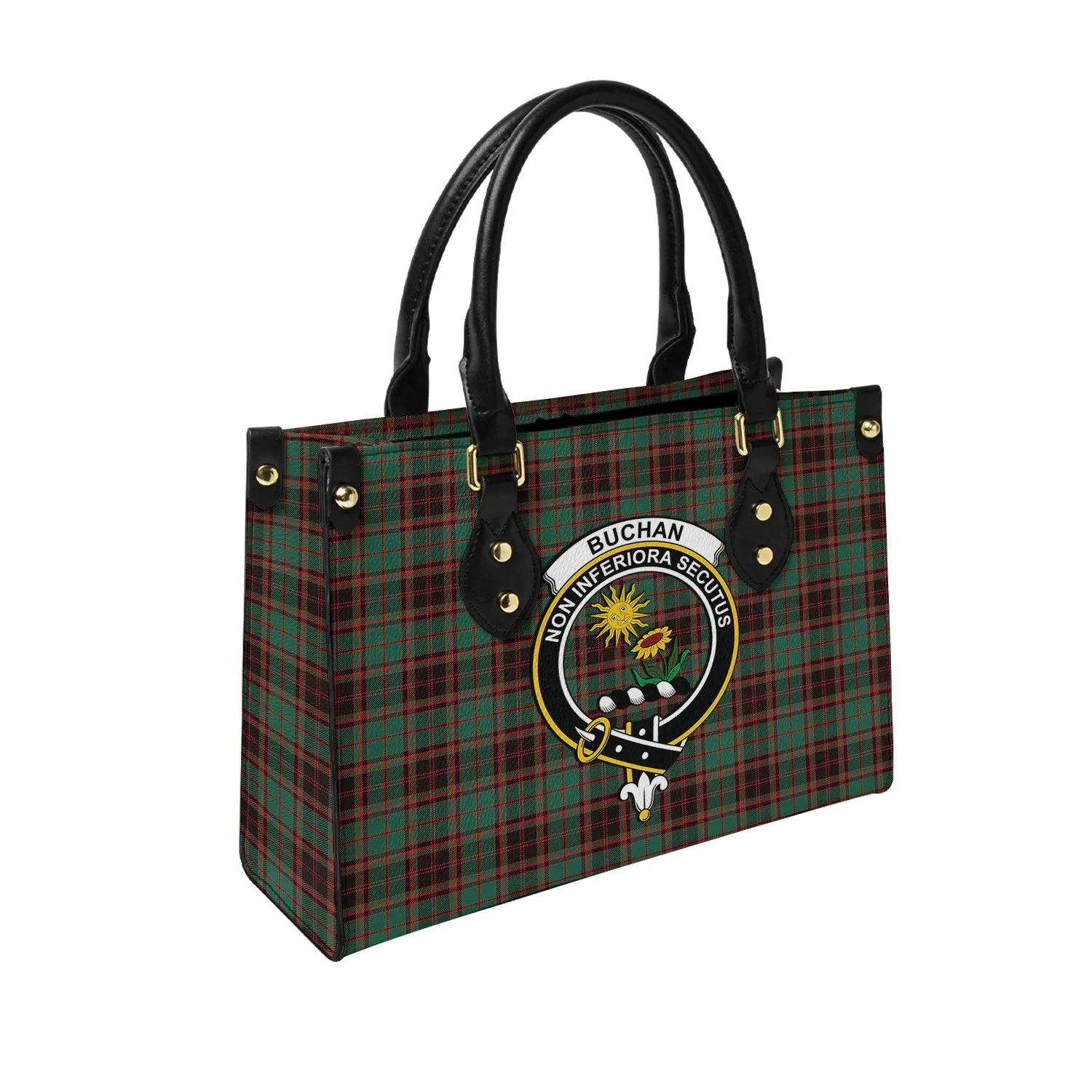 Buchan Ancient Tartan Leather Bag with Family Crest