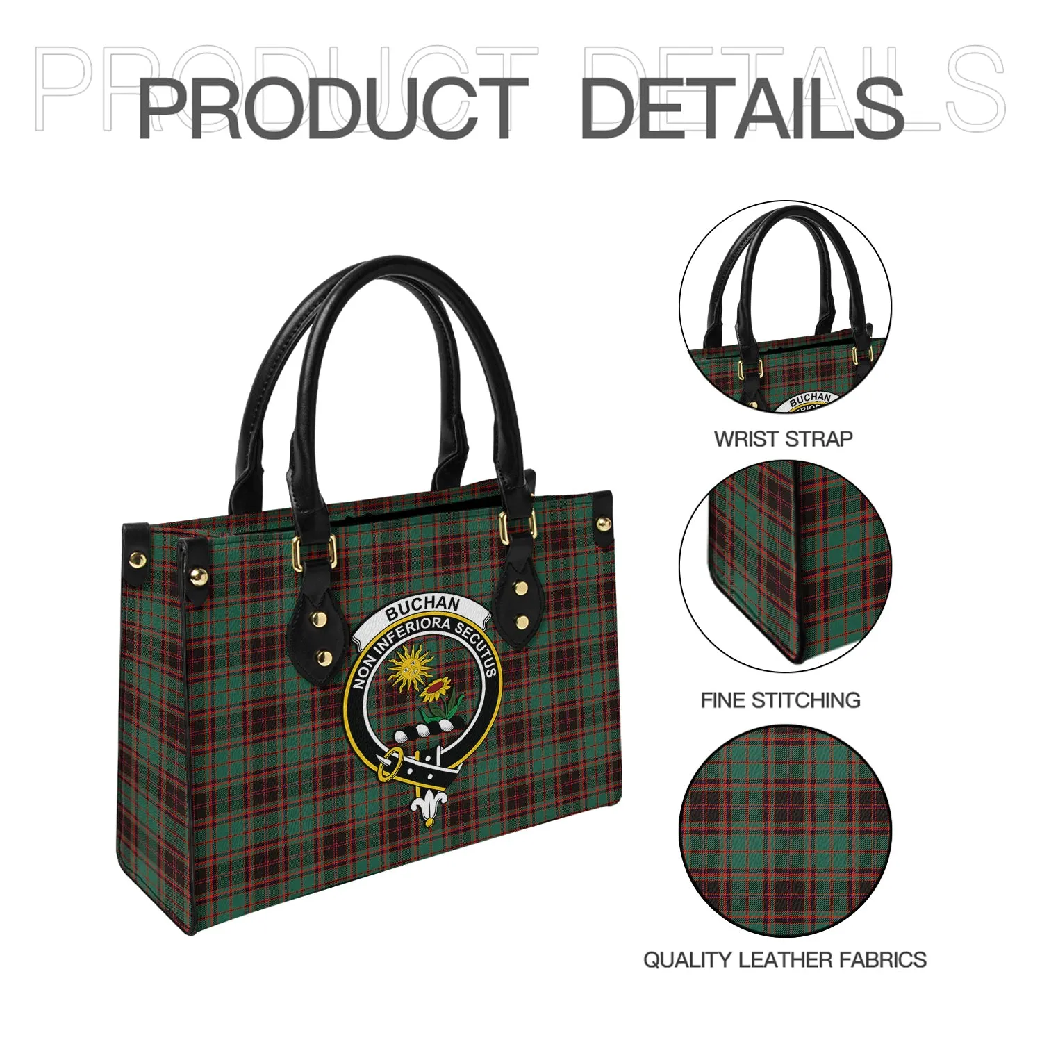 Buchan Ancient Tartan Leather Bag with Family Crest