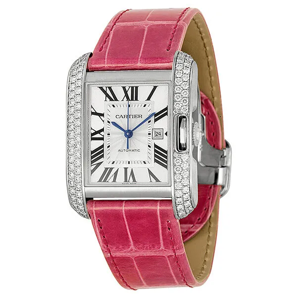 Cartier Tank Anglaise Large 18k White Gold Diamond Bezel Pink Leather Watch WT100018
