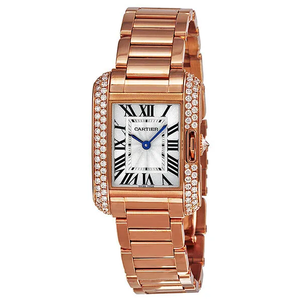 Cartier Tank Anglaise Silver Dial 18kt Rose Gold Diamond Ladies Watch WT100002