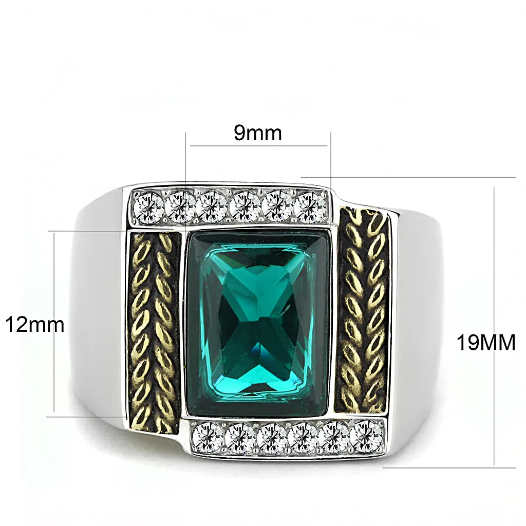 CJ3295 Wholesale Men's Stainless Steel Two-Tone IP Gold Synthetic Blue Zircon Ring