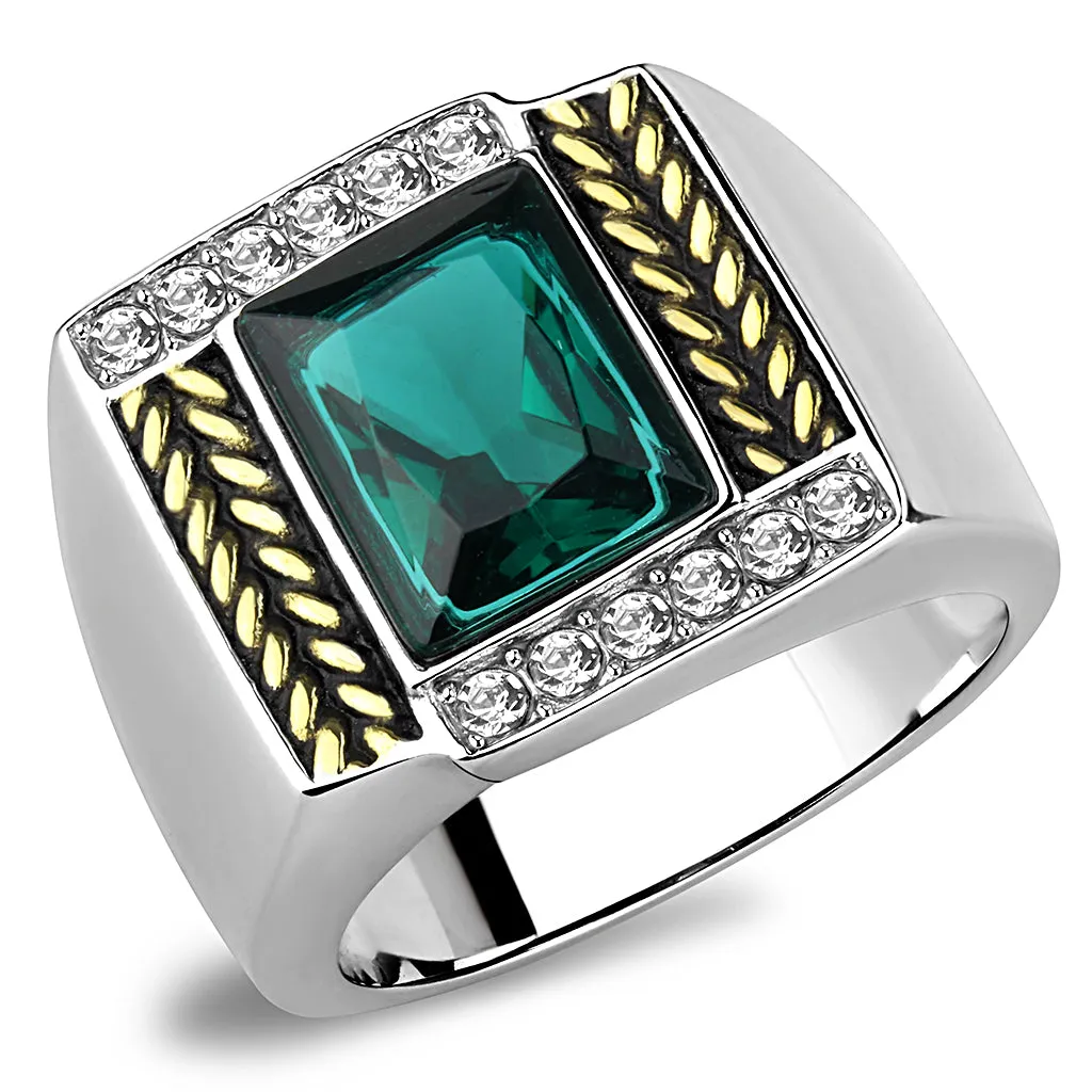 CJ3295 Wholesale Men's Stainless Steel Two-Tone IP Gold Synthetic Blue Zircon Ring