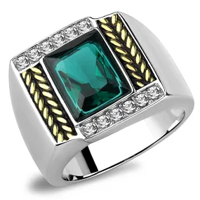 CJ3295 Wholesale Men's Stainless Steel Two-Tone IP Gold Synthetic Blue Zircon Ring