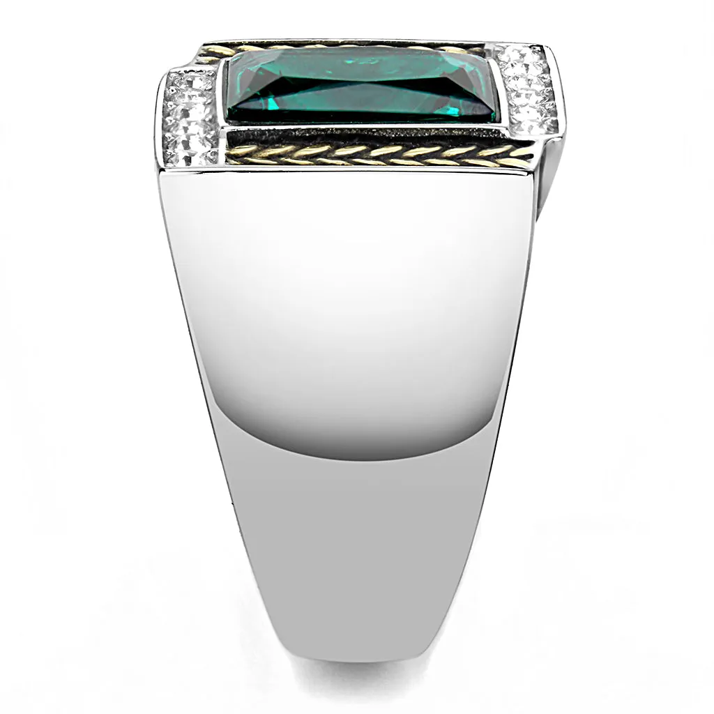 CJ3295 Wholesale Men's Stainless Steel Two-Tone IP Gold Synthetic Blue Zircon Ring