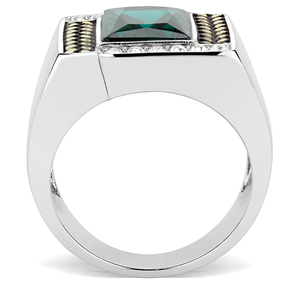 CJ3295 Wholesale Men's Stainless Steel Two-Tone IP Gold Synthetic Blue Zircon Ring